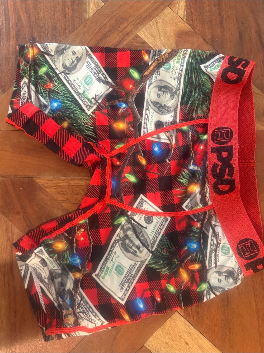 PSD Red Buffalo Plaid Briefs with Multicolor Holiday Lights and Money Print
